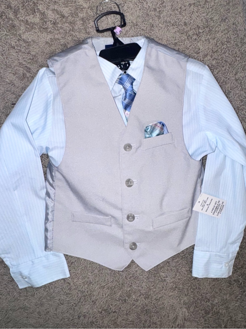 Izod Cream Vest with Light Blue Shirt and Blue Plaid Tie